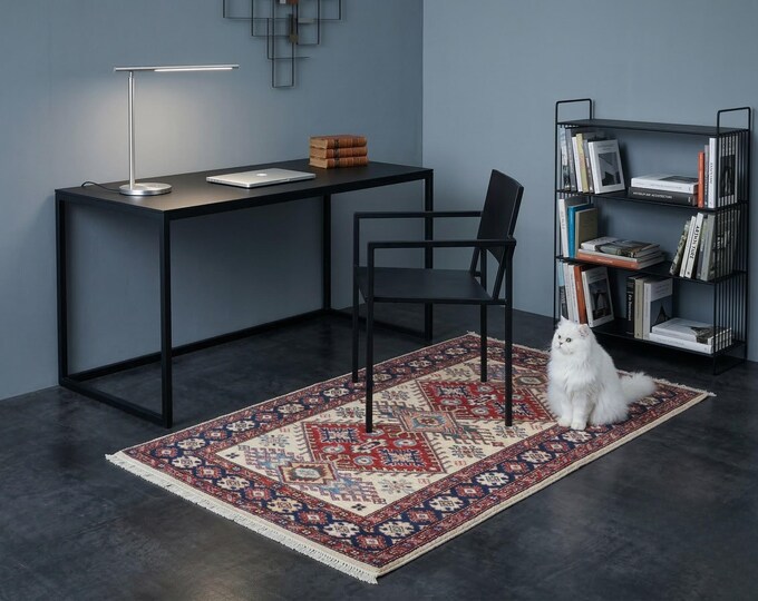 2.7 X 3.11 ft Beige and Blue Geomatrical Handmade , Super Kazak Cotton and Wool