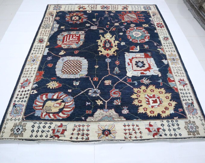 8x10 Dark Blue Oushak Rug – Hand-Knotted Turkish Wool Area Rug