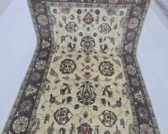 5 X 8 ft Handmade Floral Chobi Rug, Beige and Brown, Cotton and Wool
