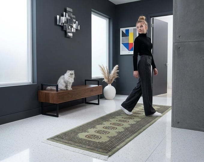 4.2 X 5.11 ft Green Geomatrical Handmade Runner, Mori Bokhara Cotton and Wool