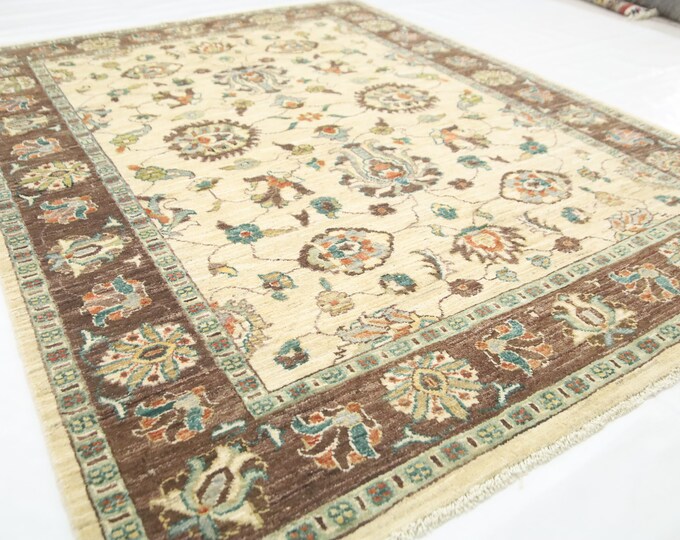 5x7 Beige Brown Wool Rug – Afghan Hand Knotted Chobi Rug