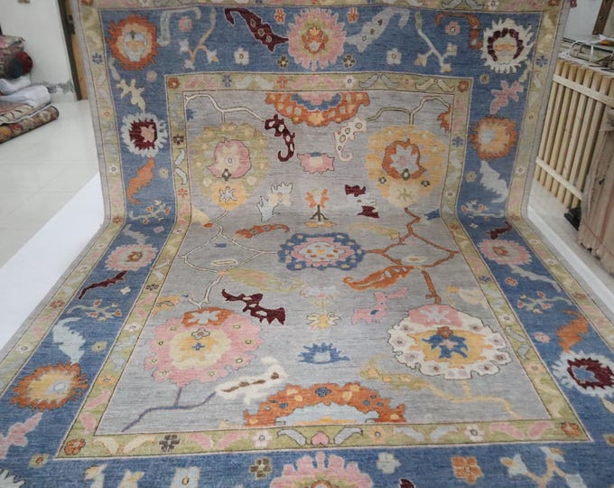 9x12 Oushak Rug, Gray & Blue, Hand Knotted Wool, Floral Area Rug