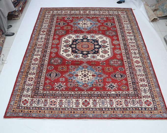 8 X 10 ft Red and Beige Geomatrical Handmade , Super Kazak Cotton and Wool