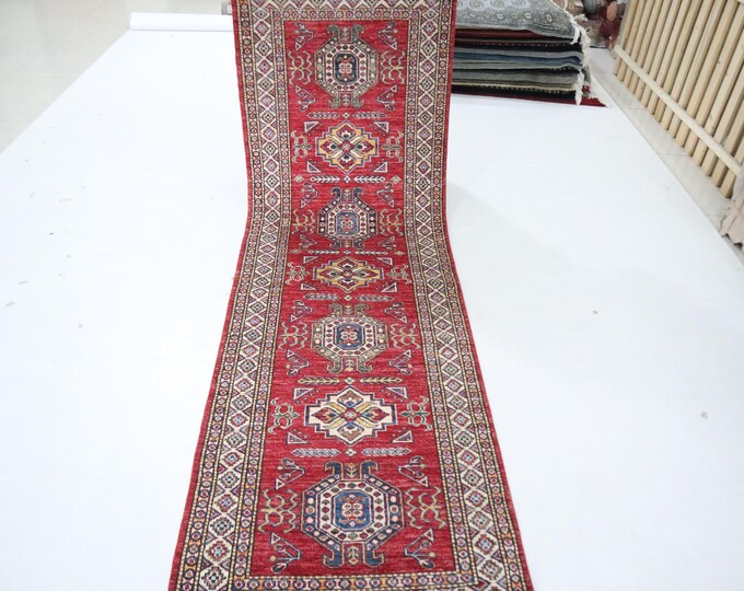 8 ft Red Kazak Runner Rug, Hand-Knotted Wool, Geometric Design