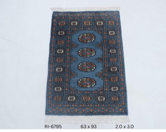 Hand-knotted Mori Bokhara Cotton and Wool Rug, Geomatrical in Blue base and Blue border, 2.0 x 3.0 ft