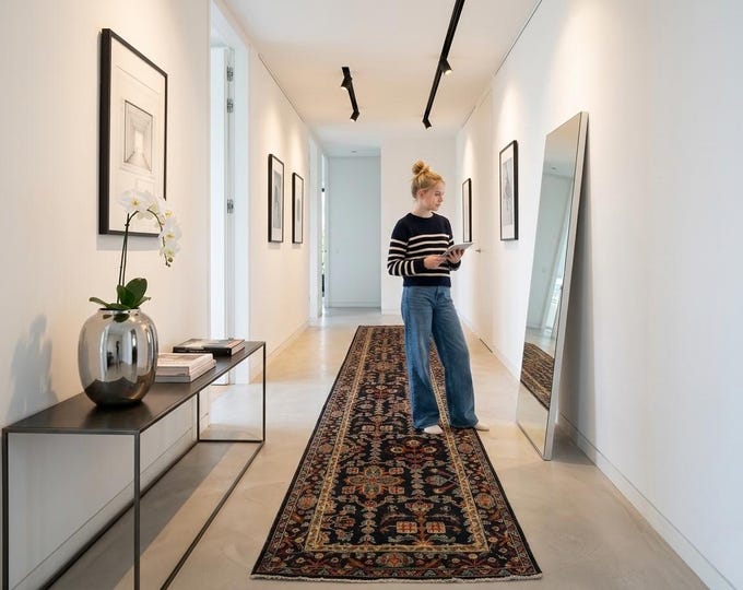 2.6 X 12.3 ft Black Floral Handmade Runner,Heriz Cotton and Wool