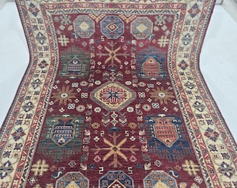 5.5 X 8 ft Handmade Floral Tribal Rug, Red and Beige, Cotton and Wool