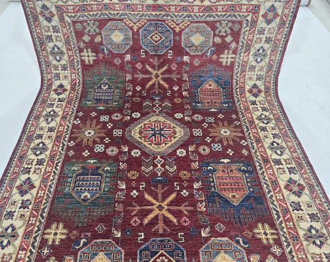 5.5 X 8 ft Handmade Floral Tribal Rug, Red and Beige, Cotton and Wool