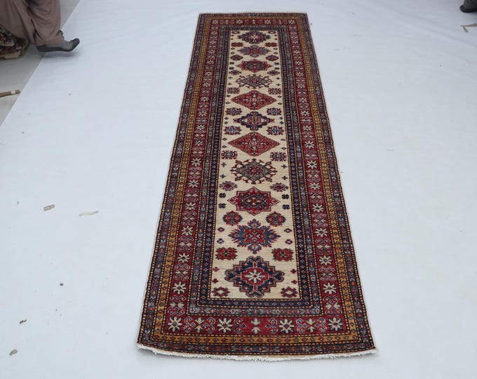 2.6 x 8.2 ft Red and Beige Geomatrical Handmade Runner , Super Kazak Cotton and Wool