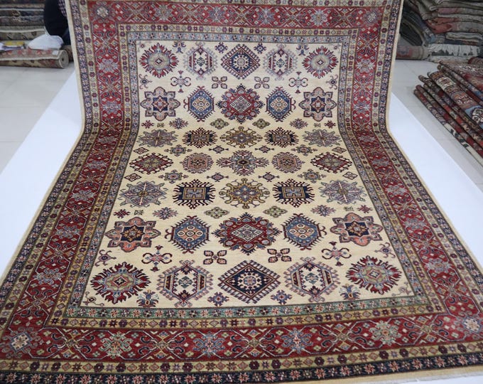 8x10 Handmade Kazak Rug – Beige & Red Geometric Afghan Wool Rug