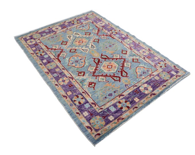 4.3 X 5.9 ft Blue and Purple Floral Handmade ,Oshak Wool