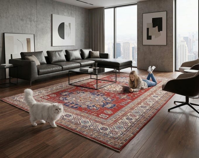 6.7 X 9.5 ft Red and Beige Geomatrical Handmade , Super Kazak Cotton and Wool