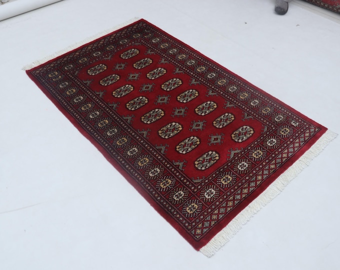 3 X 5 ft Geometrical Mori Bokhara Rug, Red, Handmade Cotton and Wool
