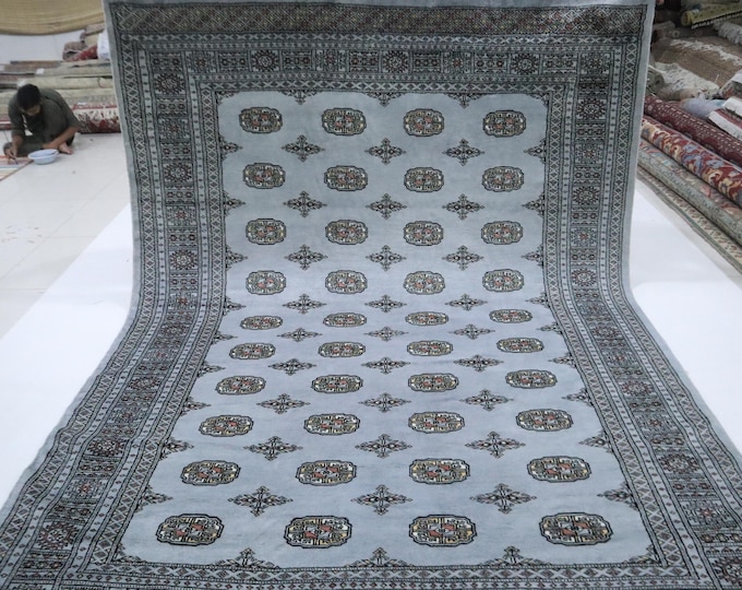 7x10 Gray Mori Bokhara Rug, Hand Knotted Wool, Geometric Tribal Rug