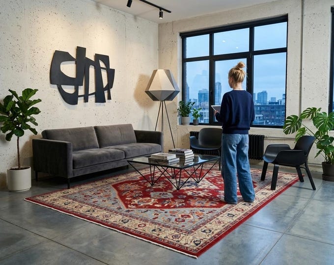 8.4 X 10.4 ft Red and Beige Floral Handmade ,Heriz Cotton and Wool