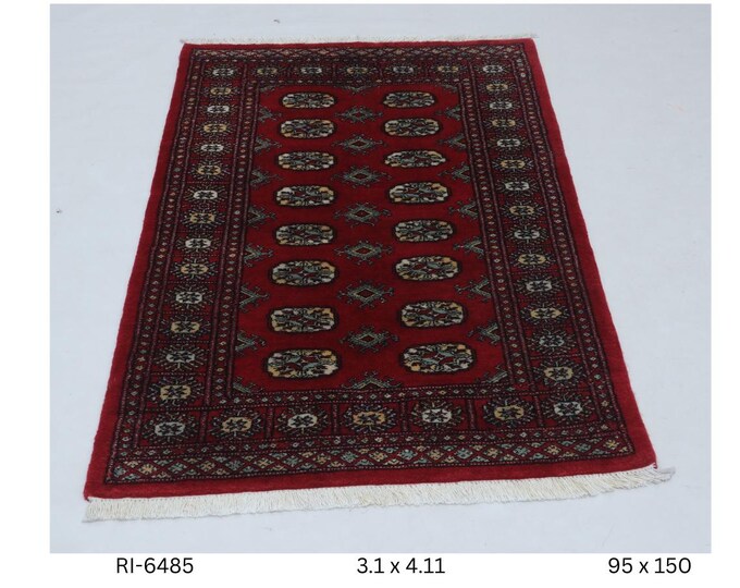 3 X 5 ft Red Geomatrical Handmade, Mori Bokhara Cotton and Wool