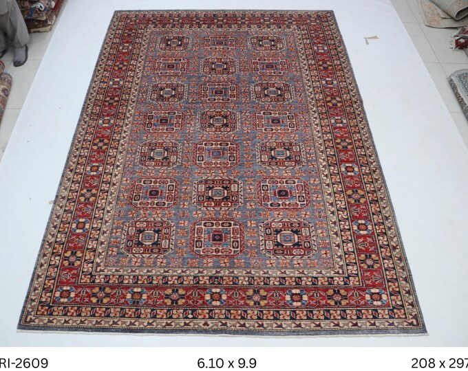 Hand-knotted Geomatrical Wool Rug, Blue and Red Border (6.10 x 9.9 ft)