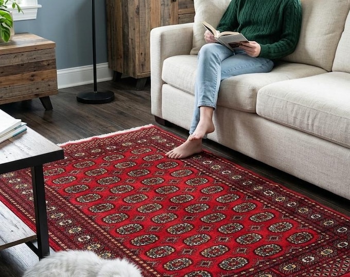 4.2 X5.2 ft Red Geomatrical Handmade, Mori Bokhara Cotton and Wool