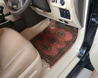 1.5 X 2 ft Geomatric Handmade Car Mats Pair, Copper Wool Car Floor Rugs, Cotton and Wool Car Mats