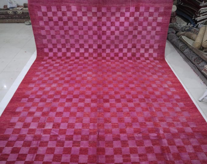 10x14 Pink Gabbeh Rug - Hand Knotted Afghan Wool Checkered Rug