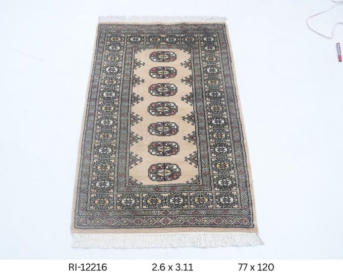 Hand-knotted Mohri Bokhara Cotton and Wool Rug, Geomatrical in Beige base and Beige border, 2.6 x 3.11 ft