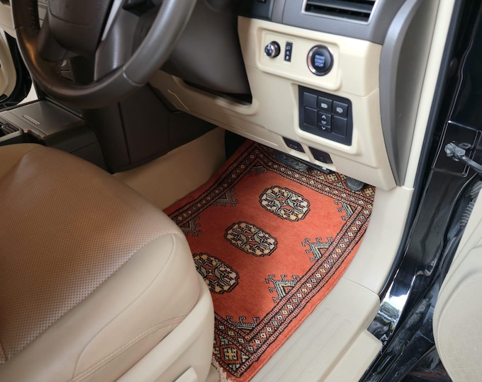 1.5 X 2 ft Geomatric Handmade Car Mats Pair, Orange Wool Car Floor Rugs, Cotton and Wool Car Mats