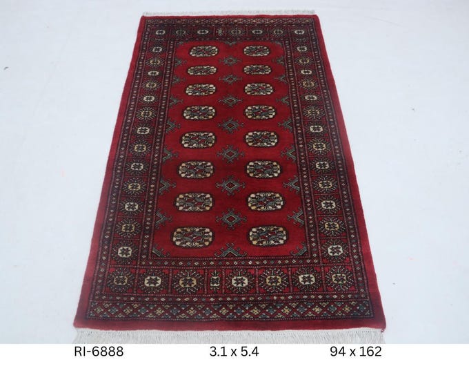 Hand-knotted Mori Bokhara Cotton and Wool Rug, Geomatrical in Red base and Red border, 3.1 x 5.4 ft