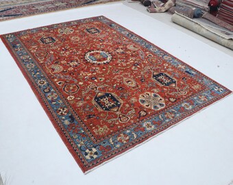 Hand-knotted Super Kazak Cotton and Wool Rug, Geomatrical in Red base and Blue border, 6.2 X 9.2 ft