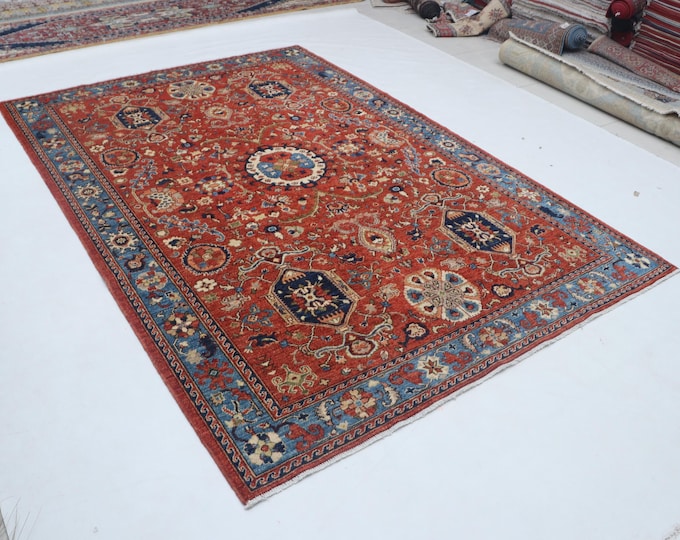 Hand-knotted Super Kazak Cotton and Wool Rug, Geomatrical in Red base and Blue border, 6.2 X 9.2 ft