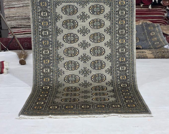 3 X 5 ft Gray Geometrical Handmade, Mori Bokhara Cotton and Wool