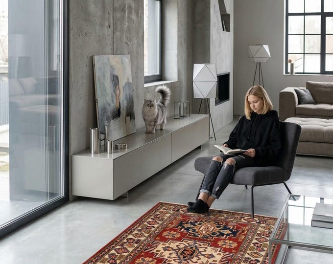 2.11 X 4.3 ft Red and Beige Geomatrical Handmade , Super Kazak Cotton and Wool