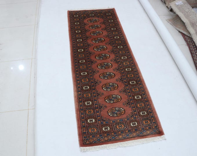 2.0 X 5.11 ft Copper Geomatrical Runner Handmade, Mori Bokhara Cotton and Wool