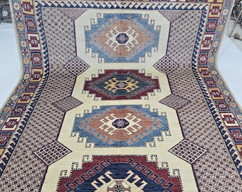 6.5 X 9.5 ft Handmade Geometrical Super Kazak Rug, Beige and Red, Cotton and Wool