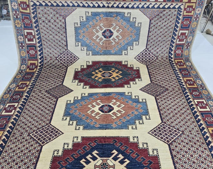 6.5 X 9.5 ft Handmade Geometrical Super Kazak Rug, Beige and Red, Cotton and Wool