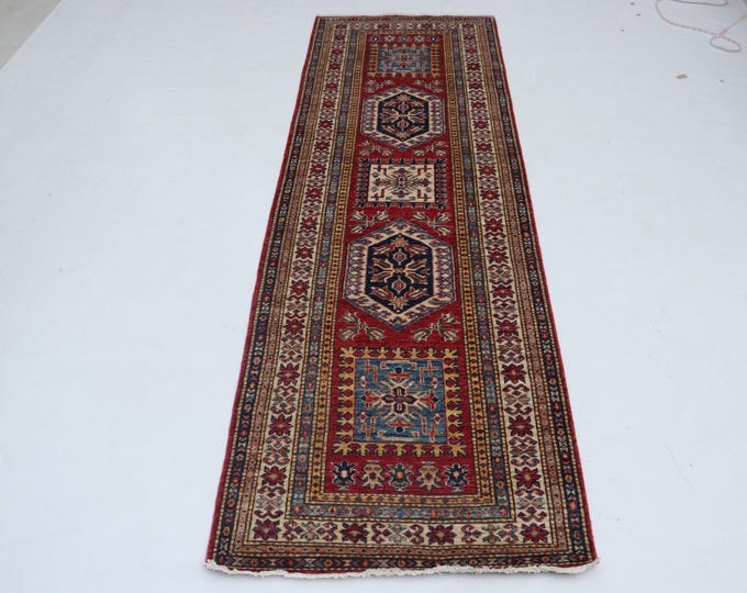 3 X 8 ft Beige and Red Geomatrical Handmade Runner, Super Kazak Cotton and Wool8 X 10