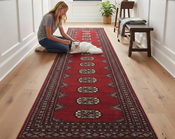 2.1 X 6.0 ft Red Geomatrical Handmade, Mori Bokhara Cotton and Wool