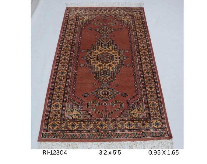 Hand-Knotted Cotton Wool Rug, Geometric Red Orange Border, 3.2 x 5.5 ft