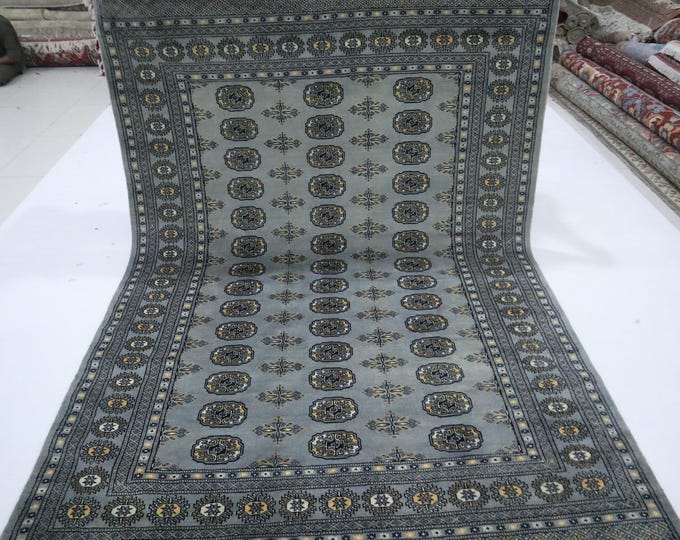 6x8 Gray Wool Mori Bokhara Rug, Hand-Knotted Area Rug