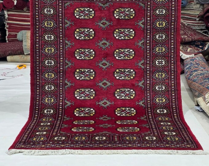 3 X 5 ft Red Geometrical Handmade, Mori Bokhara Cotton and Wool