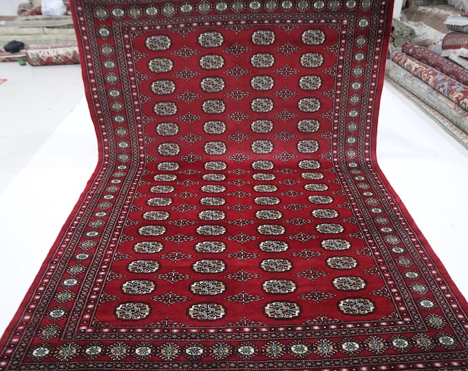 7x10 Ft Hand-Knotted Wool Mori Bokhara Rug, Red Geometric Tribal Rug