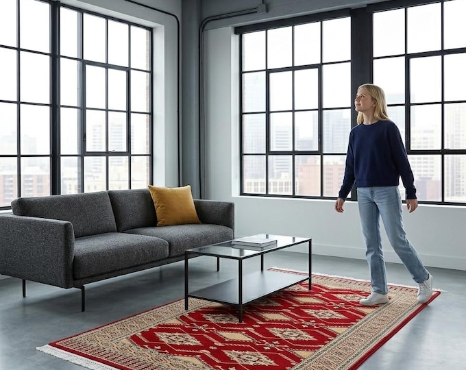 3 X 5 ft Red Geomatrical Handmade, Fine Jaaldar Cotton and Worsted Wool