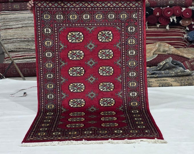 3 X 5 ft Red Geometrical Handmade, Mori Bokhara Cotton and Wool