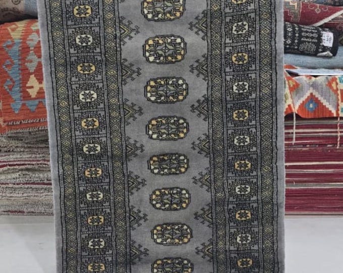 2.5 X 8 ft Gray Geometrical Handmade Runner, Mori Bokhara Cotton and Wool
