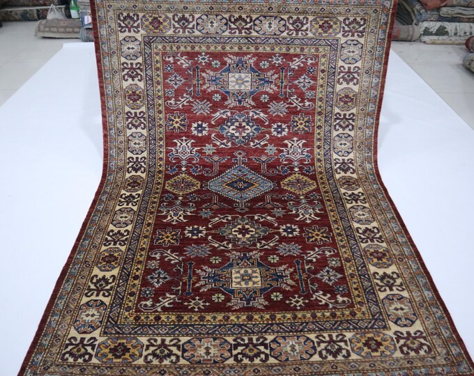 5x7 Red Afghan Area Rug – Hand-Knotted Wool Kazak Rug