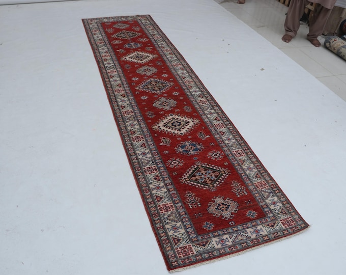 2.7 X 9.11 ft Red and Beige Geomatrical Handmade Runner, Super Kazak Cotton and Wool