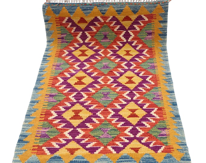 2 X 3 ft Handmade Geometrical Killim Rug, Muilty, Wool