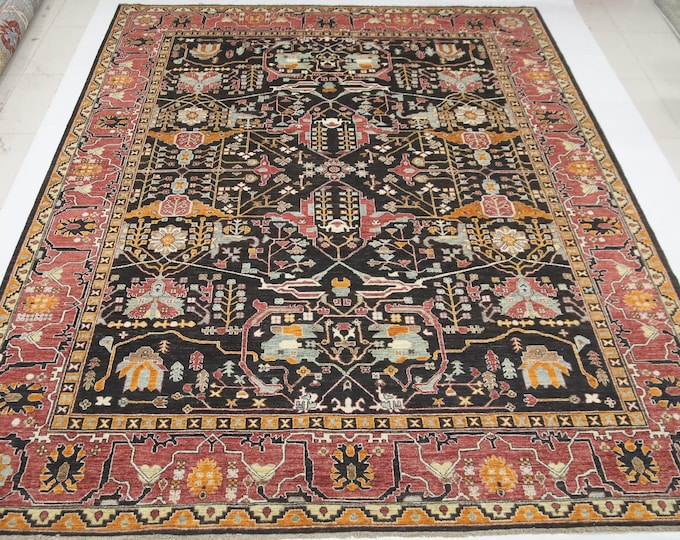 9x12 Hand Knotted Wool Rug – Black & Pink Floral Bidjar Design