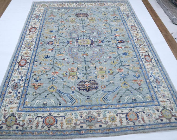 8x10 Gray Oushak Rug - Hand Knotted Turkish Wool, Floral Design
