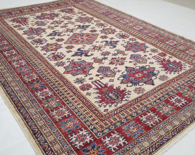 6x8 Beige Geometric Kazak Rug – Handmade Afghan Wool Area Rug