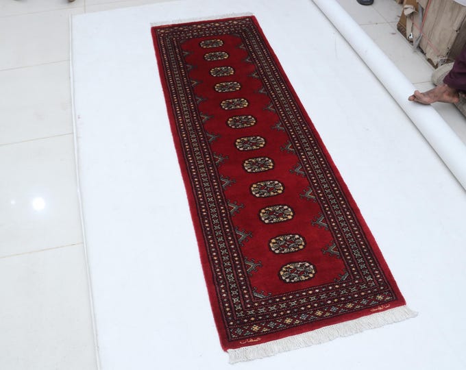 2.0 X 6.3 ft Red Geomatrical Runner Handmade, Mori Bokhara Cotton and Wool